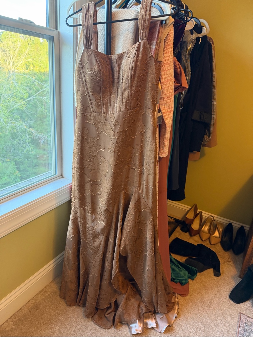 Azazie Taupe Floral Jacquard Gown